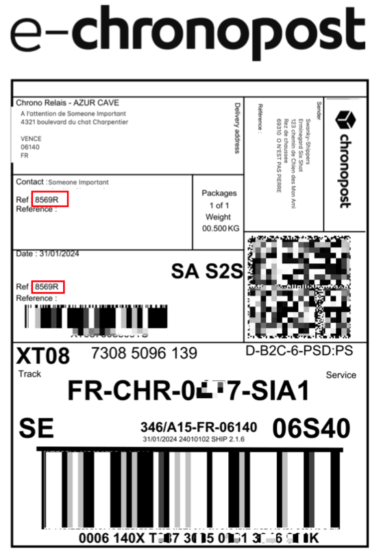 Chronopost Example Label using Home to Shop PUDO Service