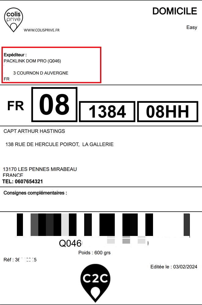 Colis Prive Example Label using Shop to Home PUDO Service