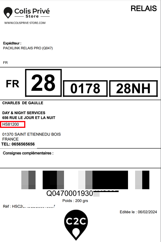 Colis Prive Example Label using Shop to Shop PUDO Service