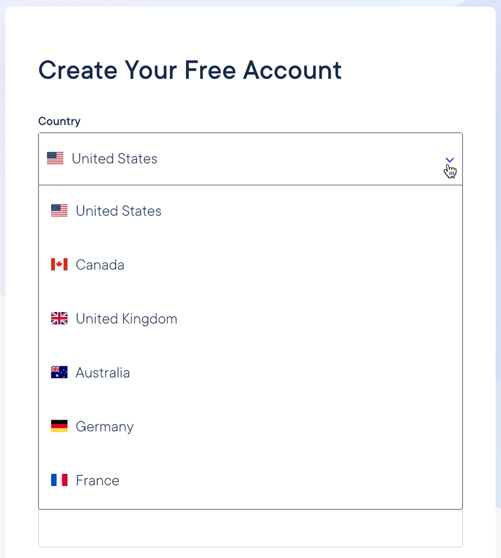 Account Country dropdown during registration