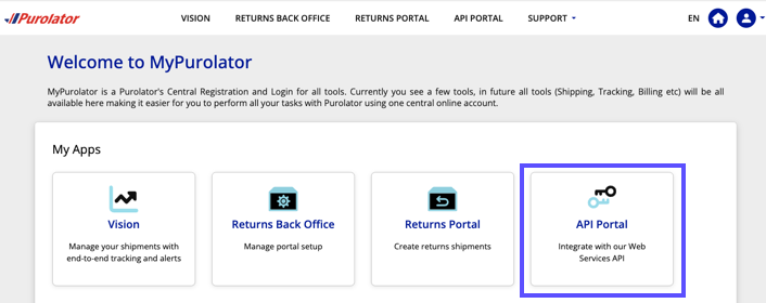 API Portal on the MyPurolator home page