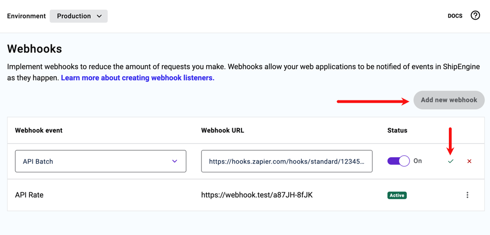 Dashboard webhooks settings