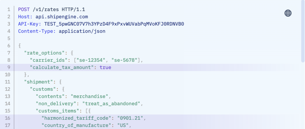 ShipEngine API call demonstrating the ability to calculate duties and taxes based on a product's harmonized tariff code