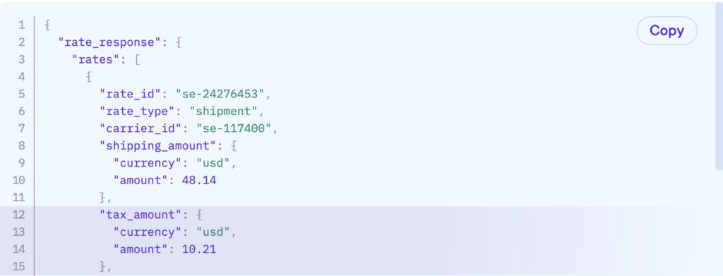 ShipEngine API call showing the total landed cost for an international shipment originating in the US