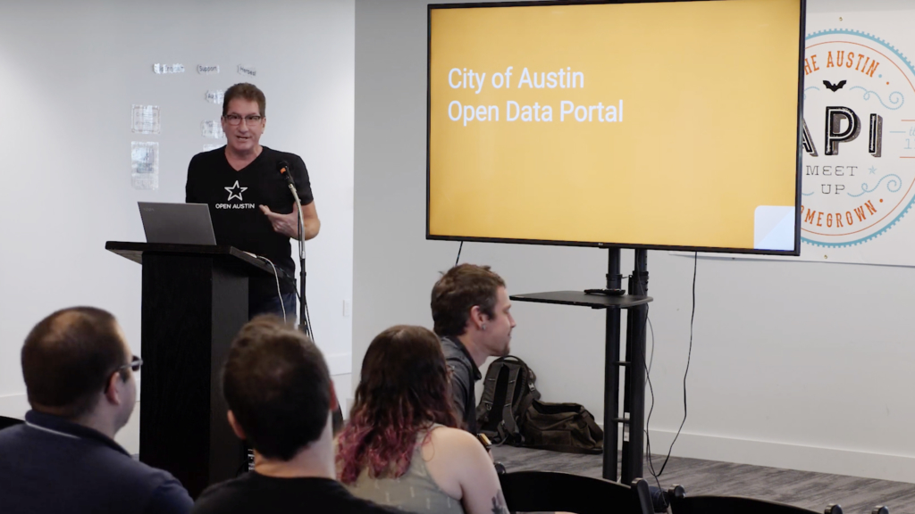Rick McDonald, volunteer at City of Austin, giving a presentation on Open Data Portals and APIs