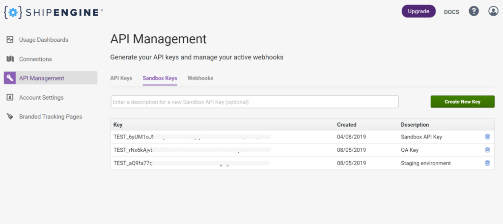 ShipEngine Sandbox Environment Dashboard - How to generate your API keys and active webhooks