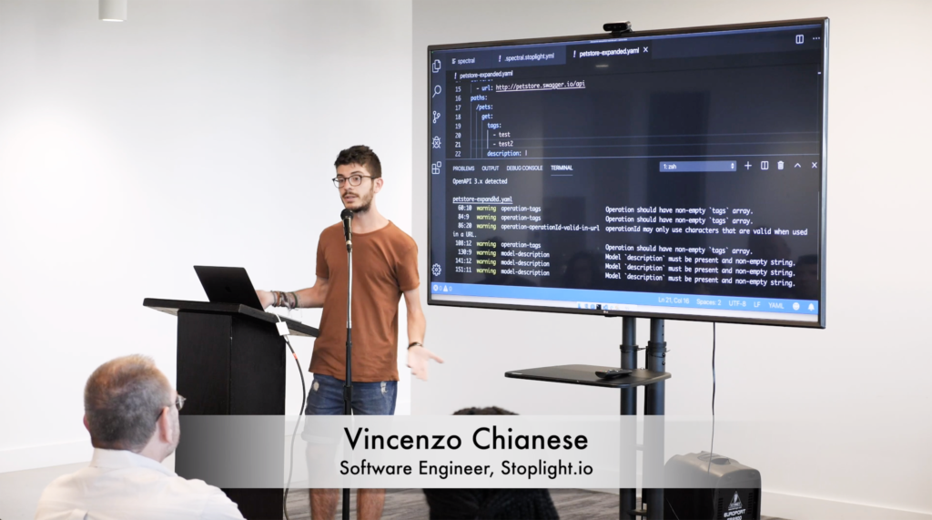 Stoplight.io Software Engineer, Vincenzo Chianese giving a demo on Spectral's API linter